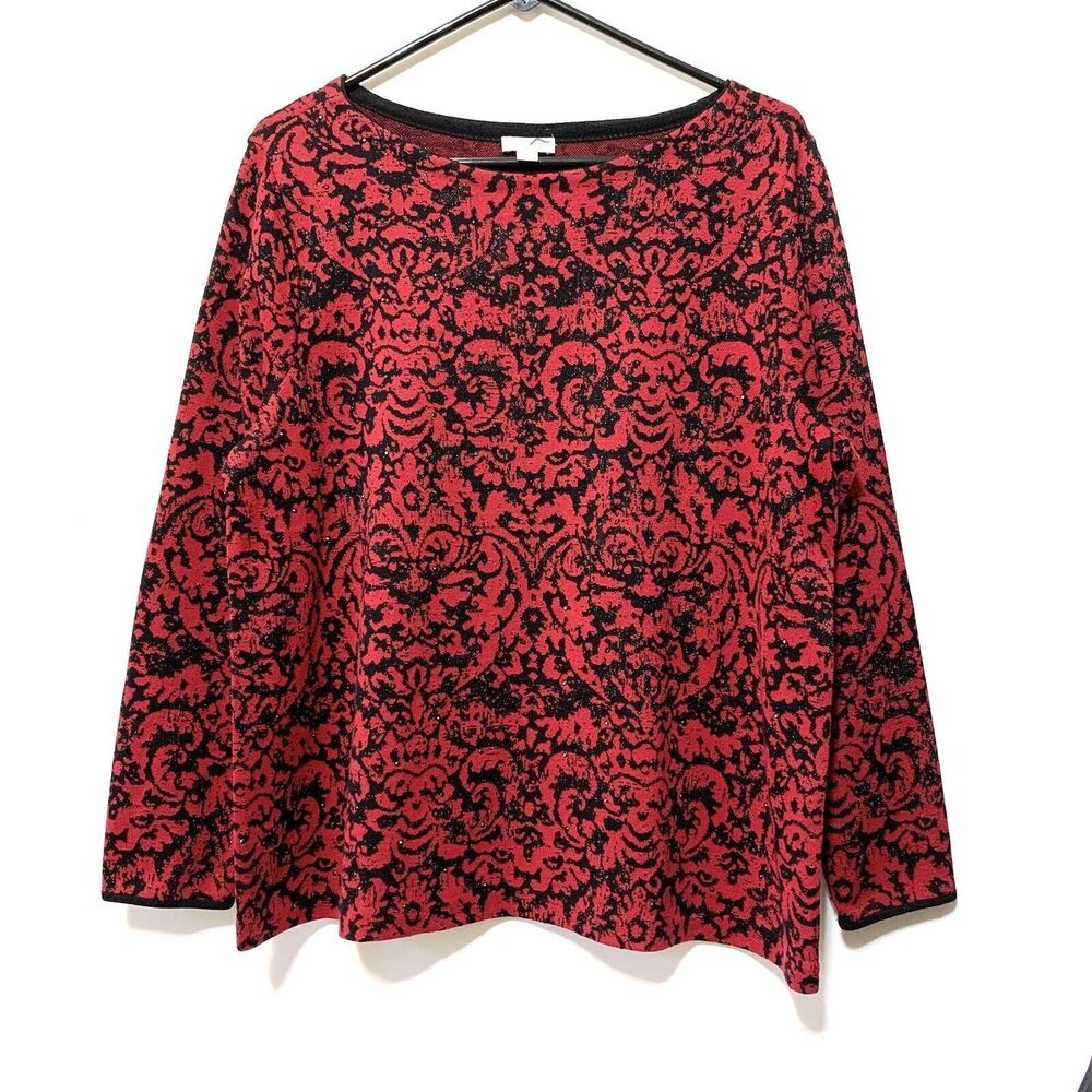 J Jill Red Black Knit Beaded 3/4 Sleeve Sweater Size LP